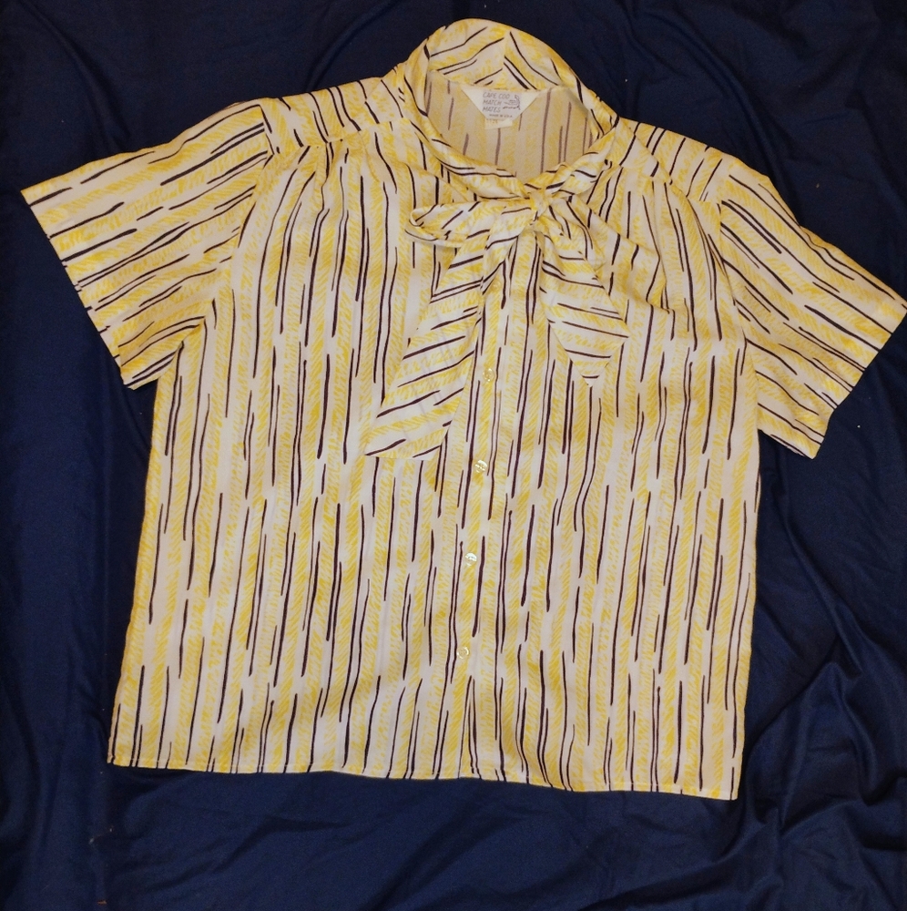 Yellow and Black Striped Blouse with Bow